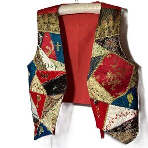Handmade Large Patchwork, Dragon Vest, Red Back, Black and Silver Gems Button